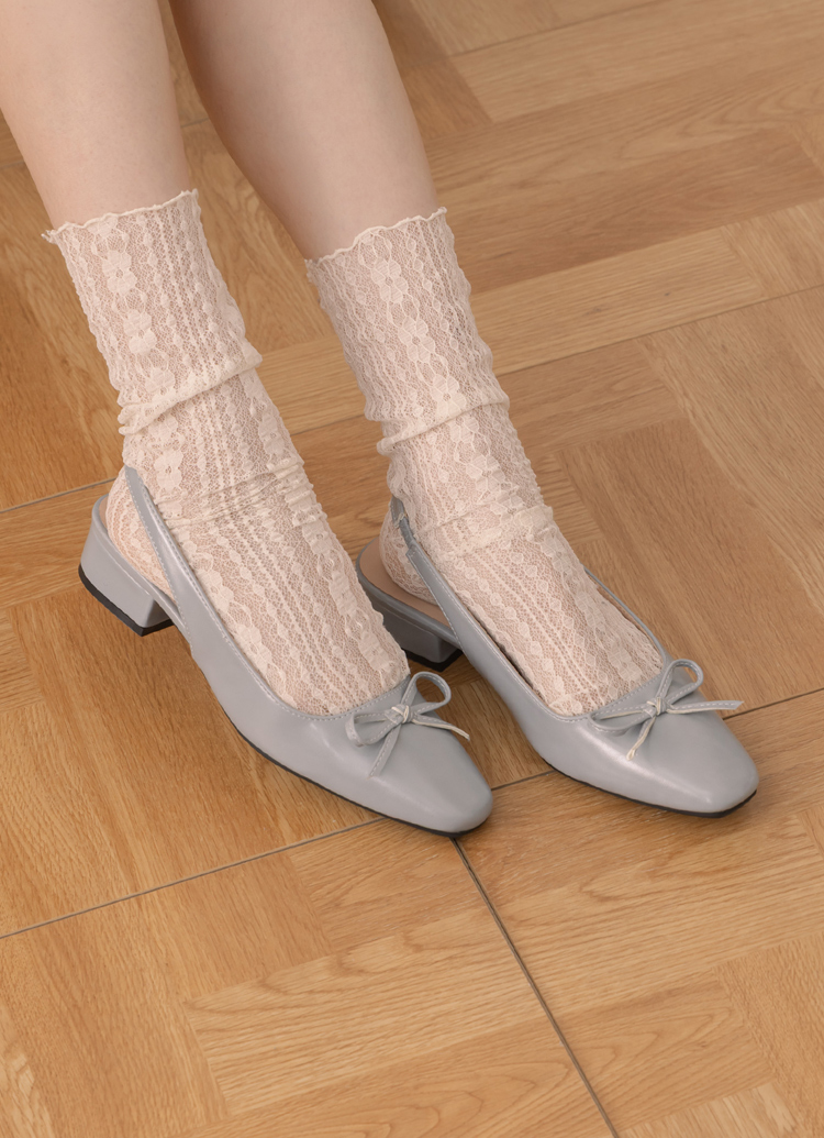 GraceGift平價女鞋 時尚秀場 方頭 韓系清新蝴蝶結後空跟鞋 藍灰色