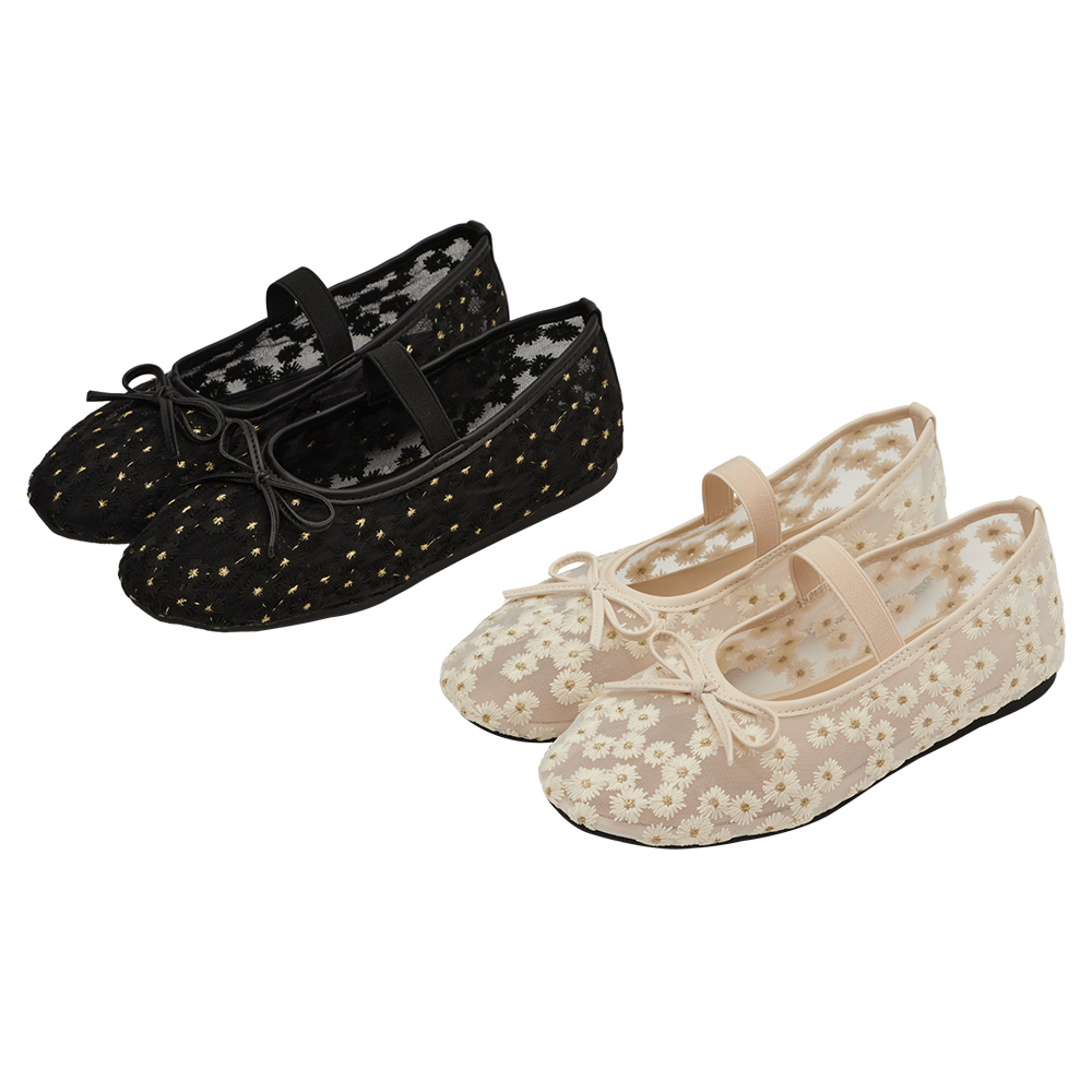 GraceGift平價女鞋 春日花園 蝴蝶結網紗 平底瑪莉珍鞋 黑色