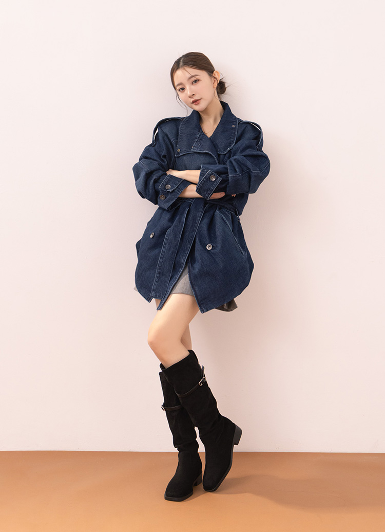 GraceGift平價女鞋 韓系層次 方頭2way 皮帶環堆堆機車長靴 黑色