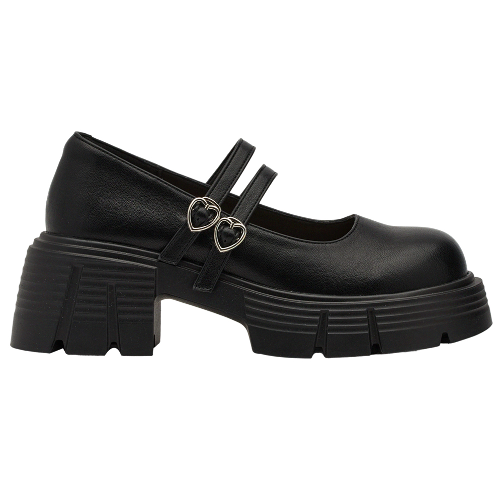 GraceGift 平價女鞋 日系學院 2WAY愛心雙帶輕量瑪莉珍鞋 黑漆 厚底瑪莉珍鞋