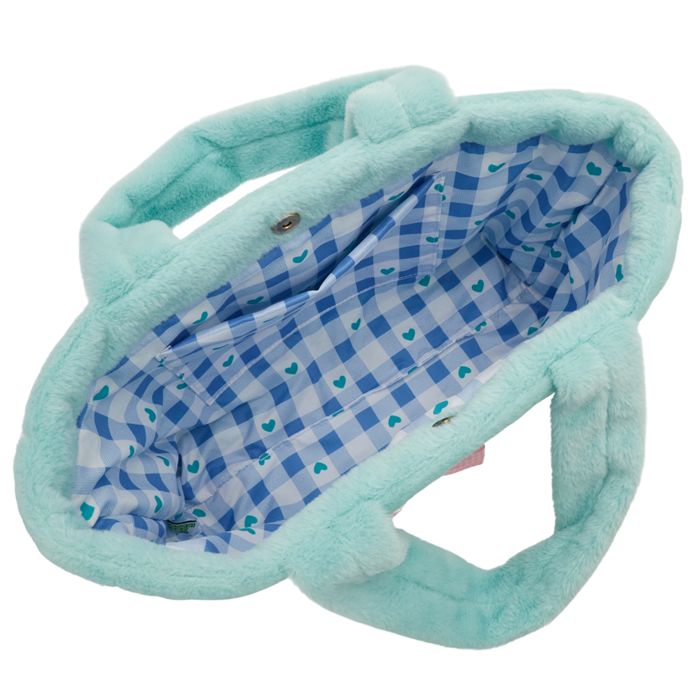 Grace Gift 平價女鞋 Wasabi Bear 聯名 芥末熊 格紋絨毛電繡 托特包 藍綠色 實拍圖