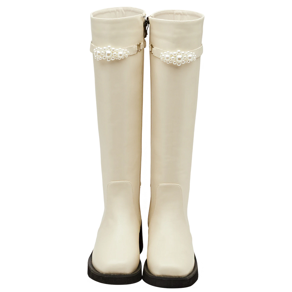 奕潔聯名-法式珠寶盒方頭2WAY珍珠顯瘦長靴 米白