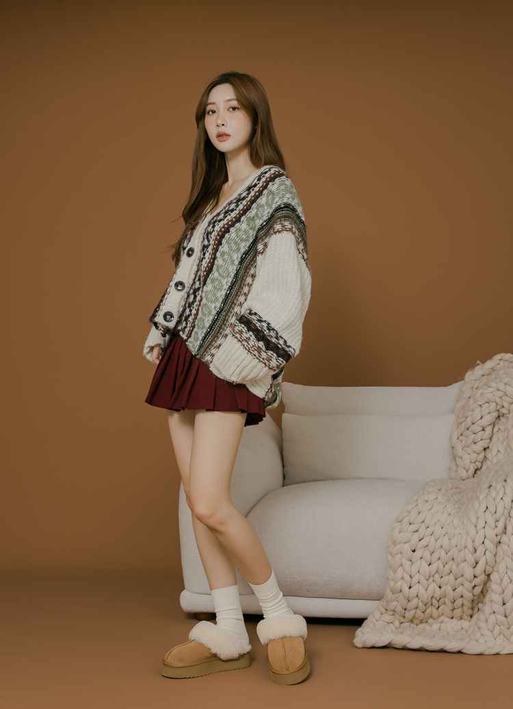 Grace Gift 平價女鞋 牛麂皮羊毛雪地拖鞋 栗子色 厚底雪靴 實拍圖