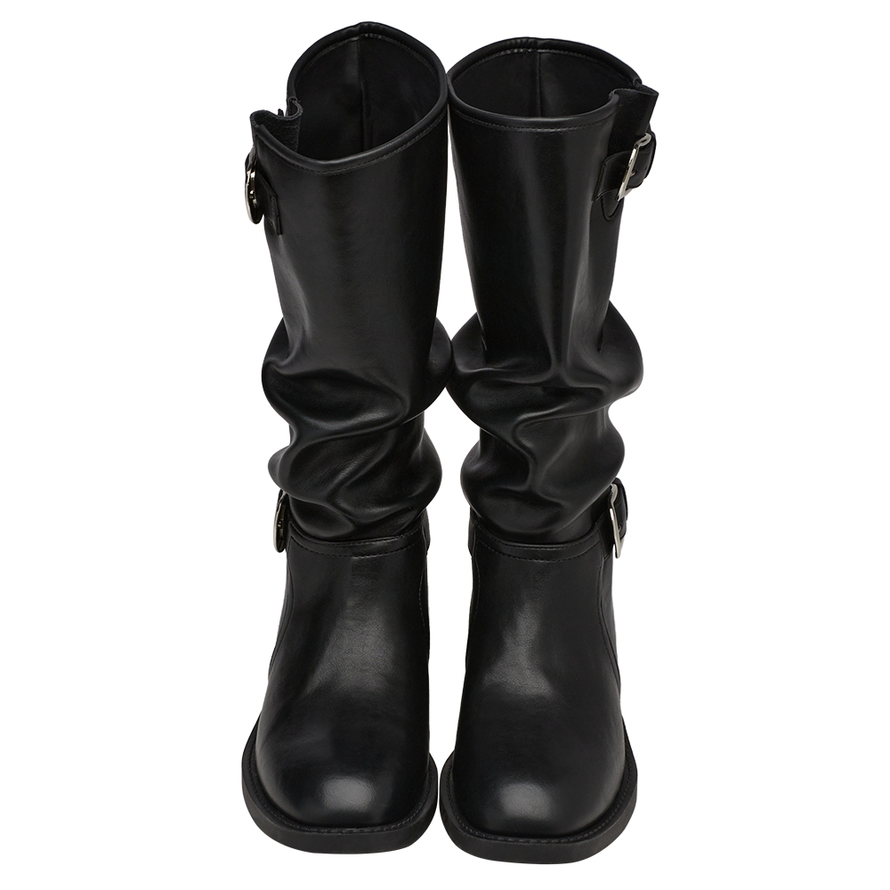 慵懶隨性皮革雙層皮帶扣堆堆長靴 黑