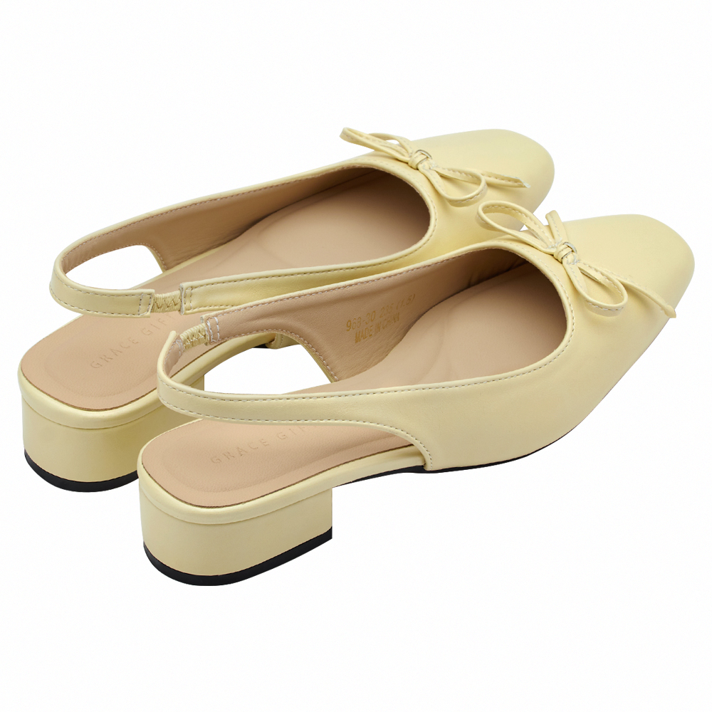 GraceGift平價女鞋 時尚秀場 方頭 韓系清新蝴蝶結後空跟鞋 黃色