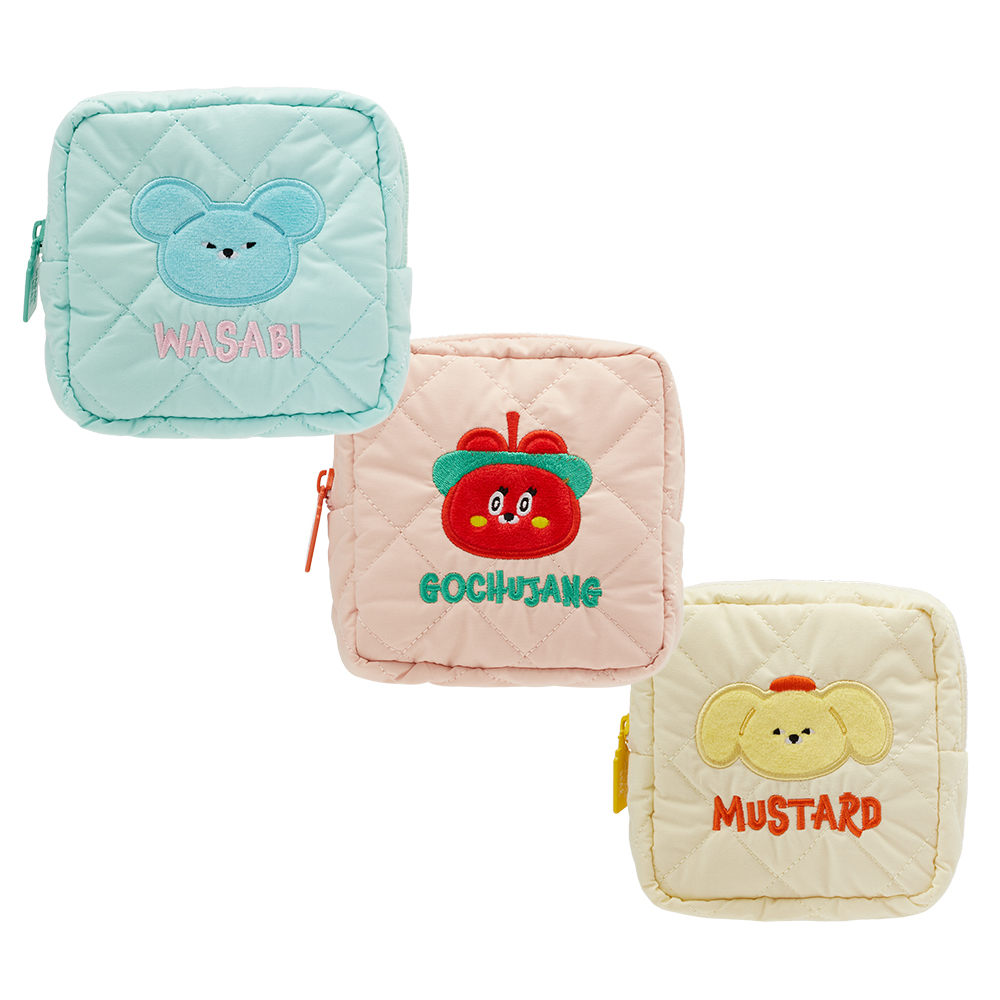 GraceGift Wasabi Bear聯名 芥末熊 格紋鋪棉收納包 藍綠色 實拍圖