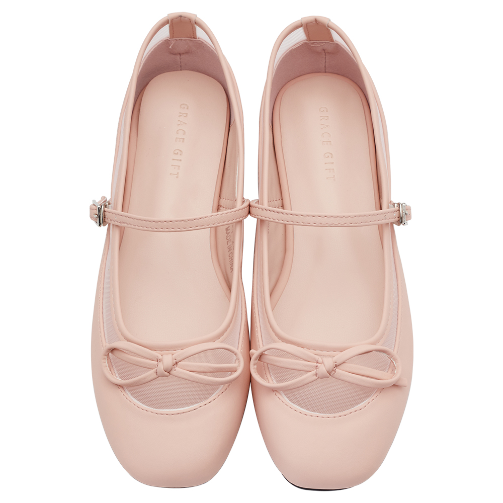 GraceGift平價女鞋 時尚秀場 方圓頭 復古芭比網紗拼接芭蕾平底瑪莉珍鞋  粉色