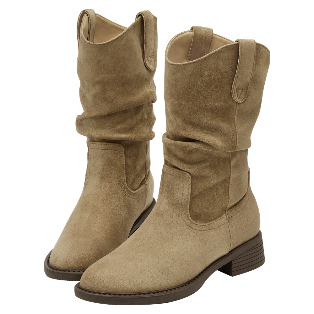 秋日復古皮革V口抓皺西部堆堆靴 淺駝