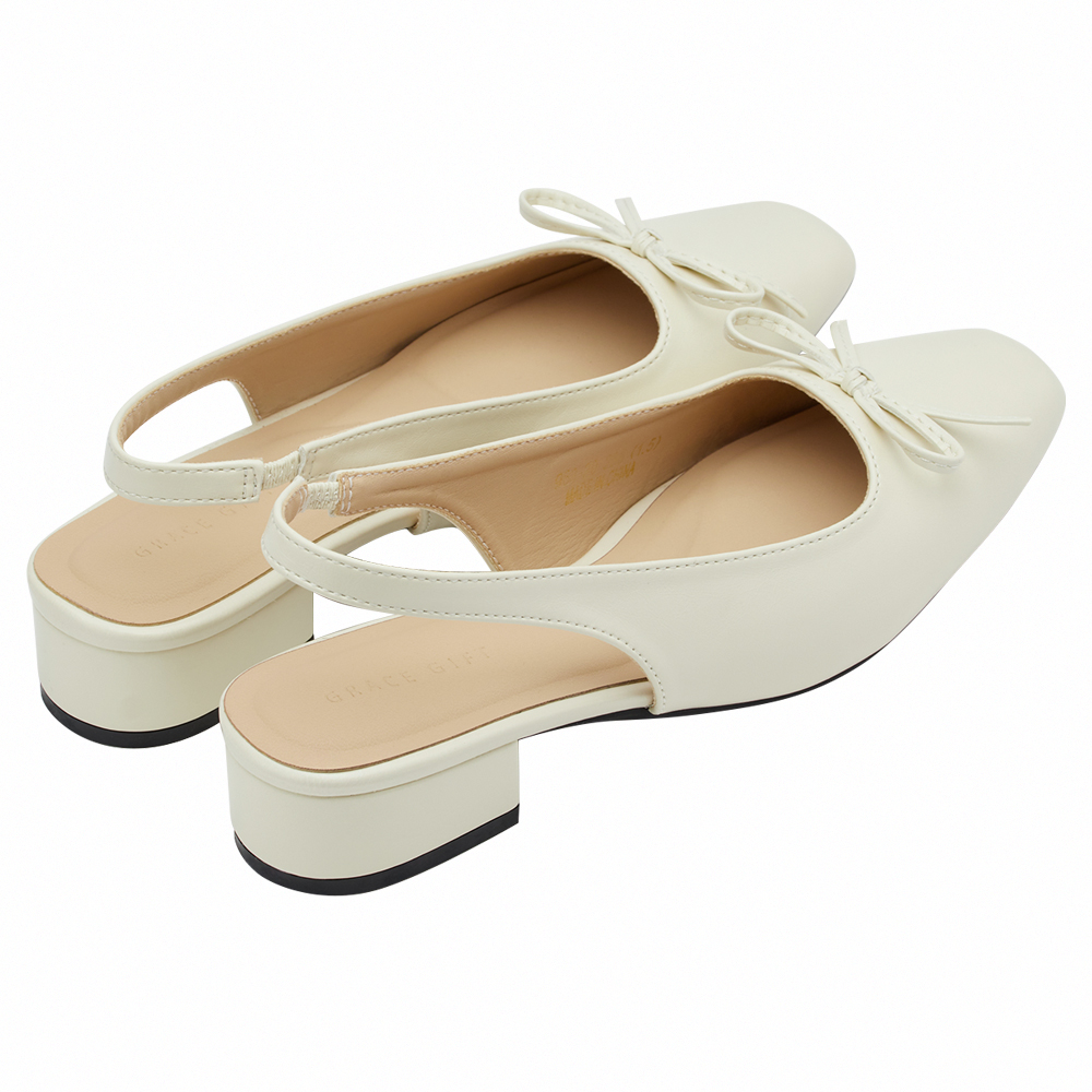 GraceGift平價女鞋 時尚秀場 方頭 韓系清新蝴蝶結後空跟鞋 米白色