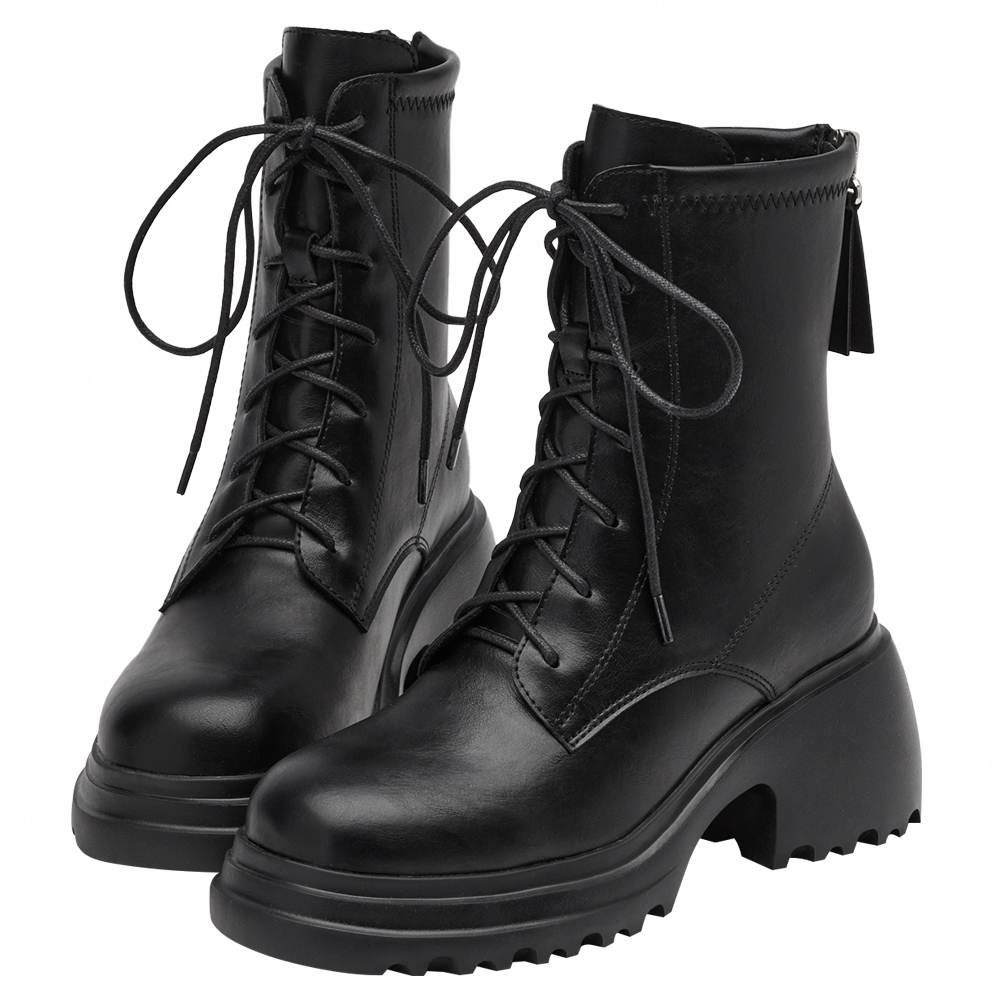 韓團必備圓頭輕量厚底綁帶短靴 黑