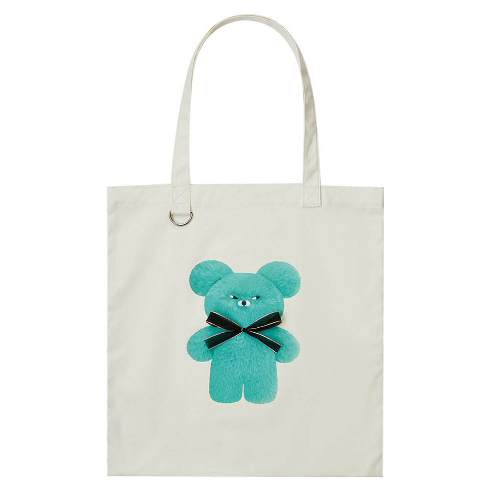 GraceGift Wasabi Bear聯名 芥末熊 立體蝴蝶結印花日常帆布包 藍綠色 實拍圖