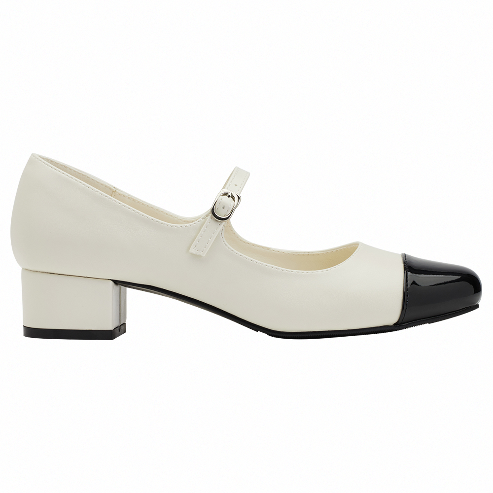 GraceGift平價女鞋 時尚秀場 圓頭 經典法式雙色小香風低跟瑪莉珍鞋   白身黑頭色