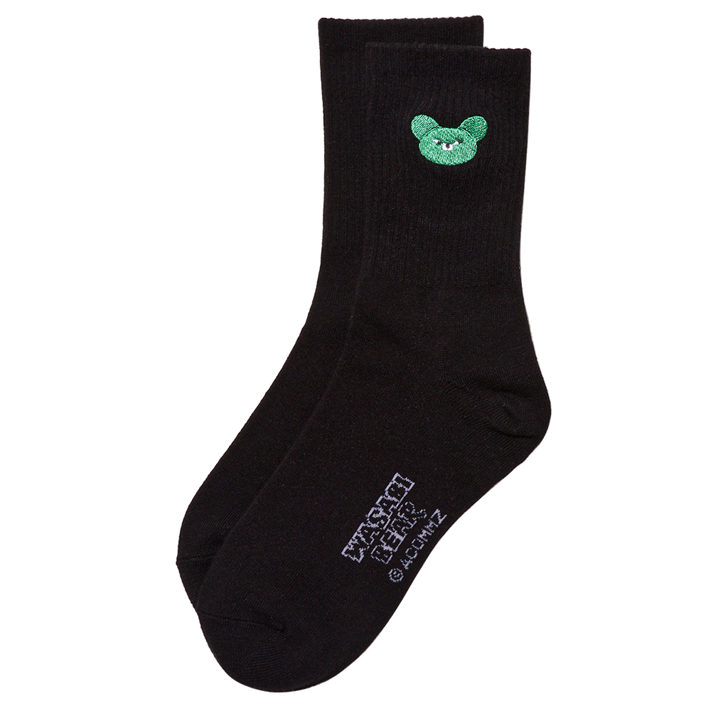 GraceGift Wasabi Bear聯名 芥末熊 芥末熊螺紋電繡中筒襪 黑色