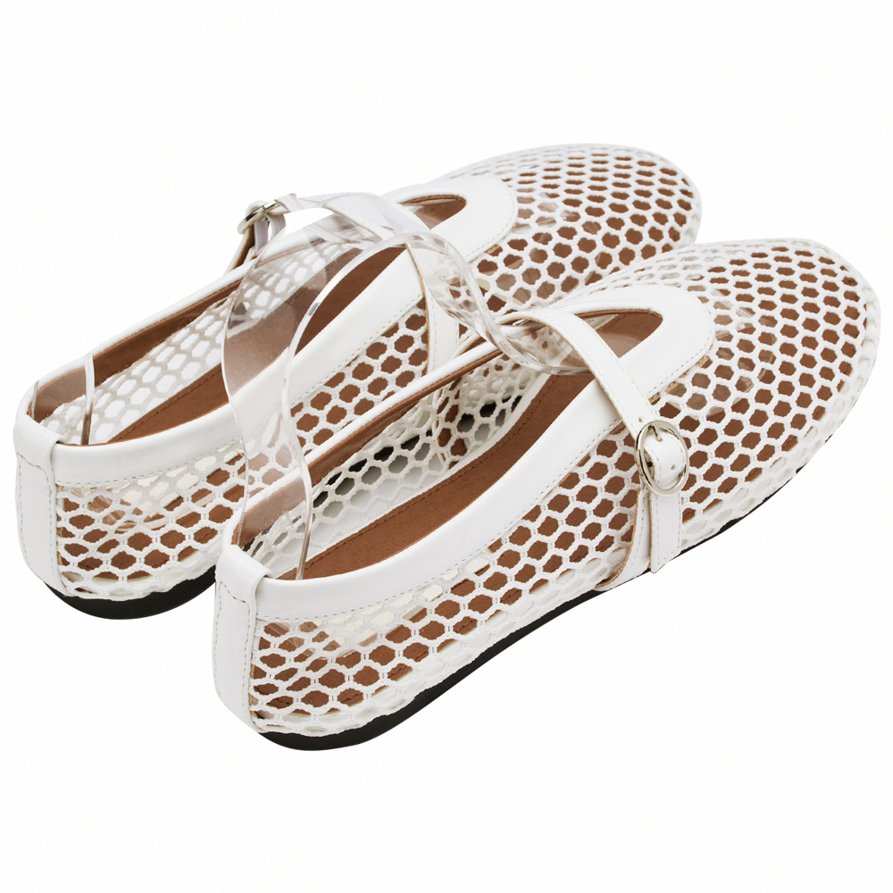 GraceGift 平價女鞋 個性網面 細閃芭蕾舞娃娃鞋 白色 平底娃娃鞋 實拍圖