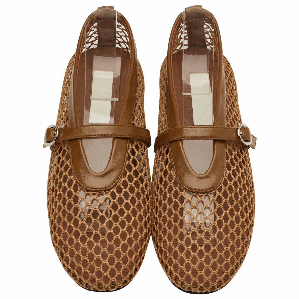 GraceGift 平價女鞋 個性網面 細閃芭蕾舞娃娃鞋 棕色 平底娃娃鞋 實拍圖