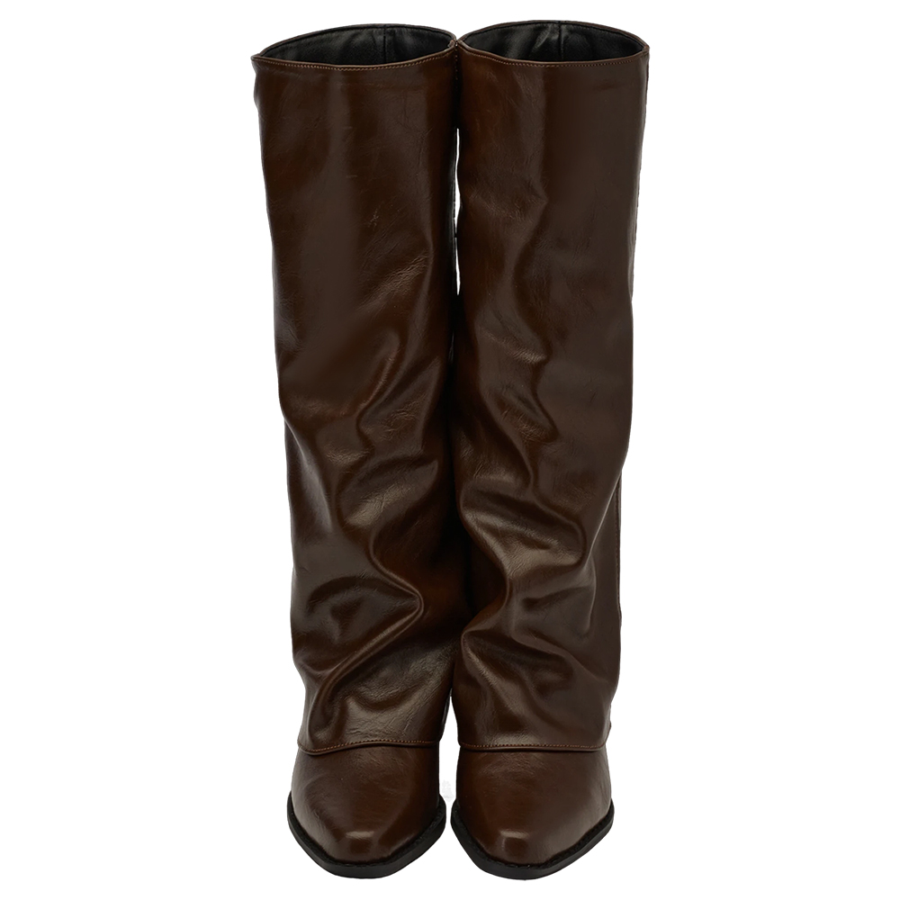 時尚秀場尖頭中跟堆堆褲管長靴 咖