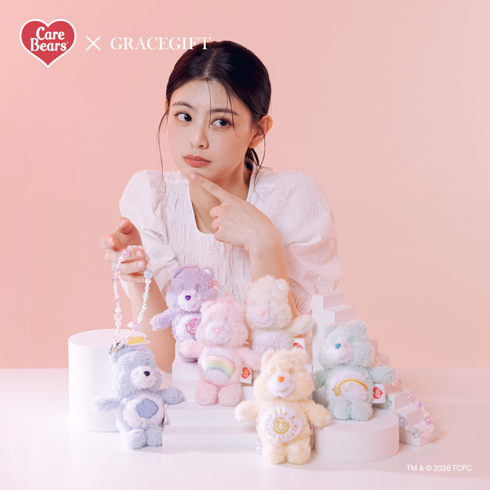 GraceGift CareBears聯名 Care Bears彩虹熊 棉花糖系列毛絨玩偶手機串珠吊飾一中盒
