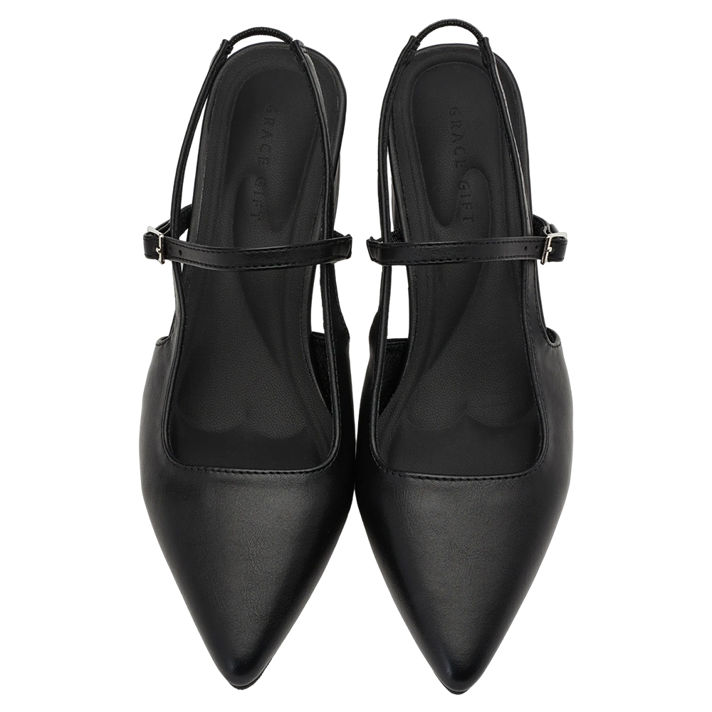 GraceGift平價女鞋 時尚秀場 尖頭  韓系尖頭通勤百搭後空低跟鞋 黑色