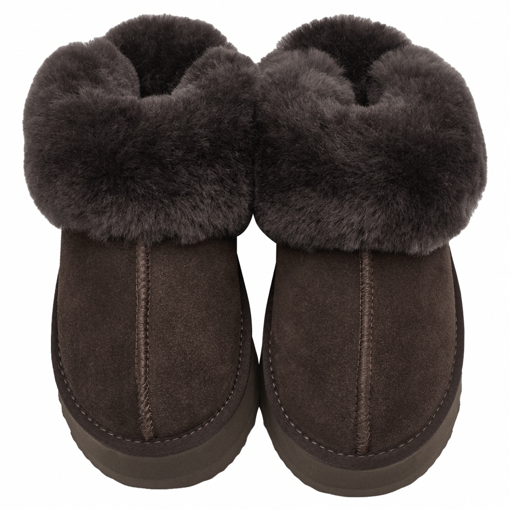 牛麂皮羊毛厚底雪地拖鞋 咖