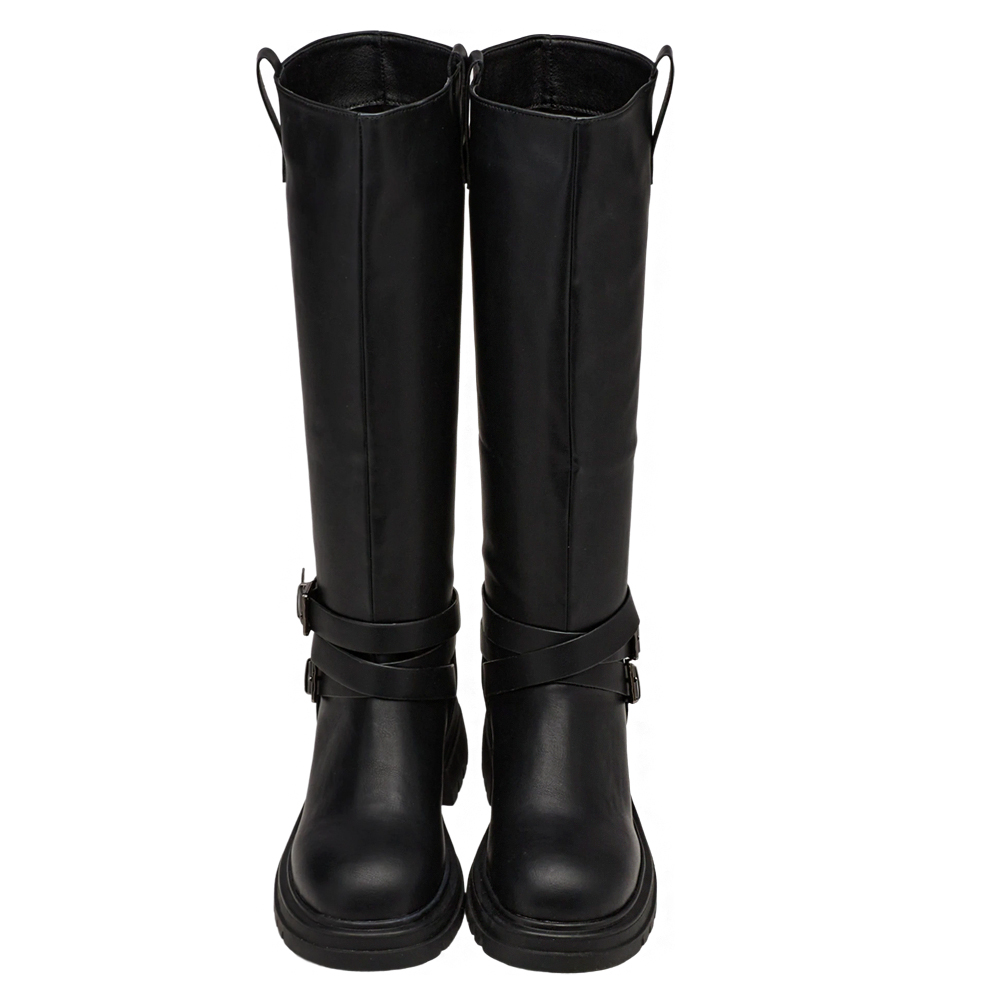 俐落圓頭側拉環繞踝皮帶厚底長靴 黑