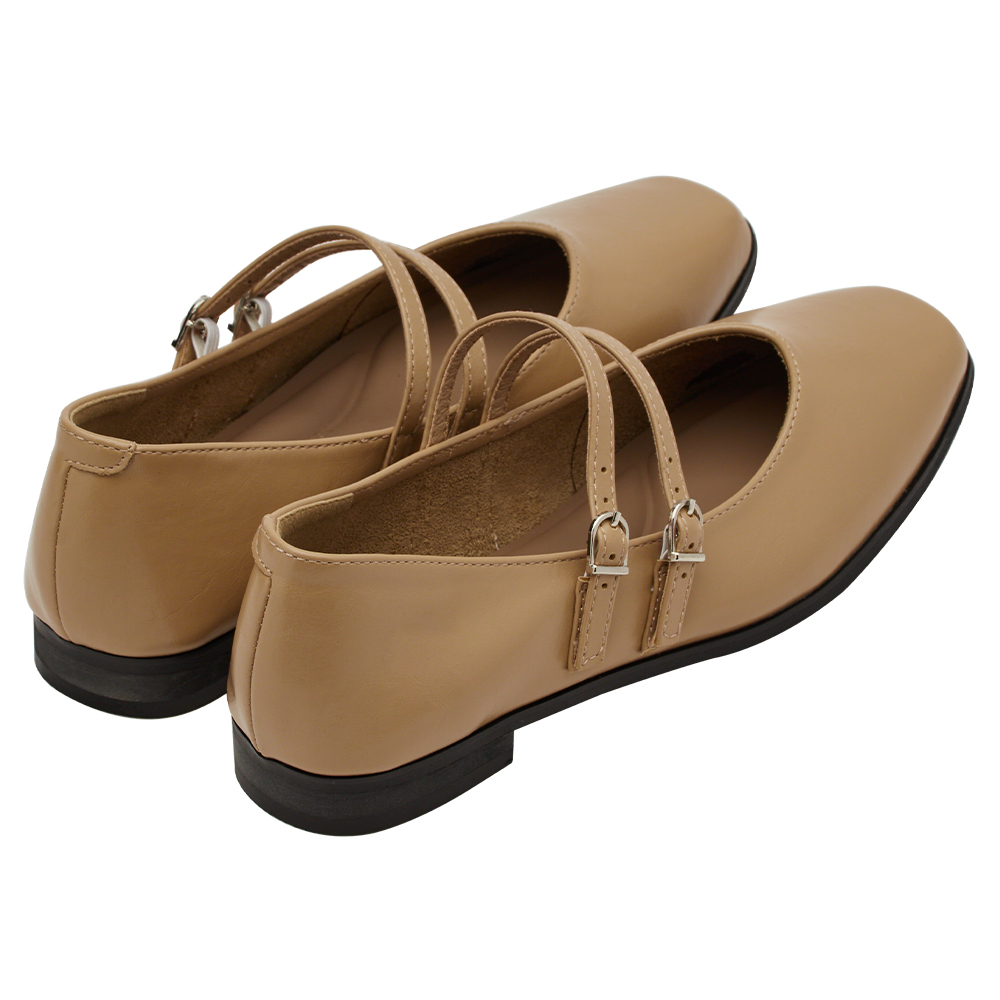 GraceGift 微甜方頭瑪麗珍鞋 雙帶瑪莉珍 卡其色 實拍圖