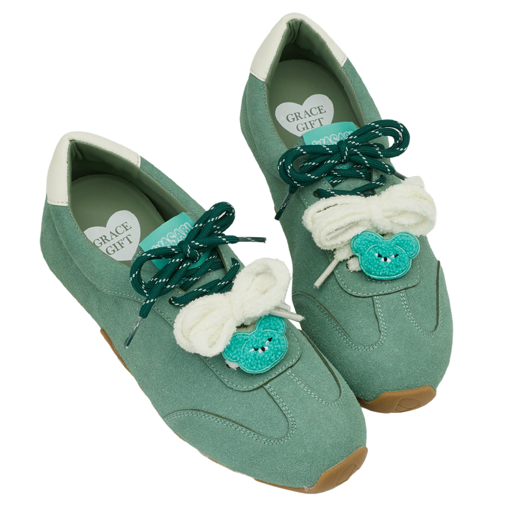 Grace Gift 平價女鞋 Wasabi Bear 聯名 芥末熊 休閒運動鞋 綠色 穿搭實拍