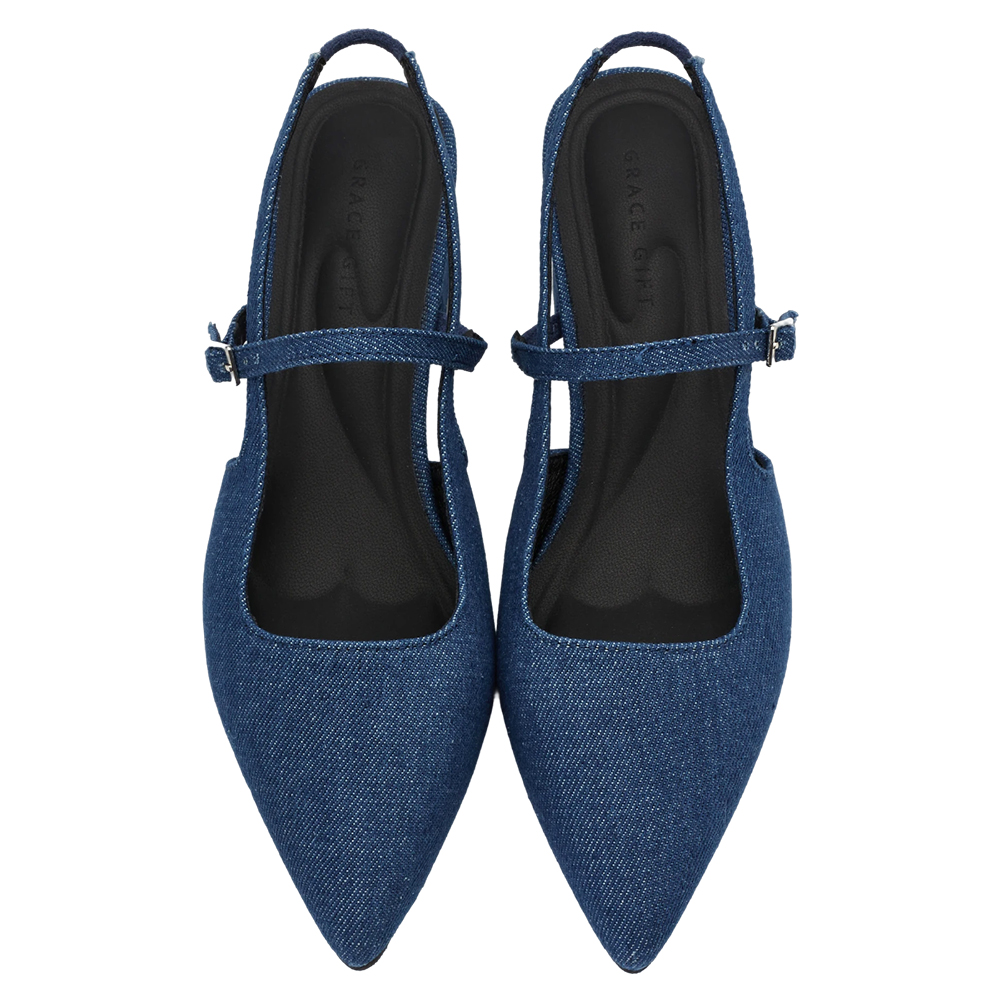 GraceGift平價女鞋 時尚秀場 尖頭  韓系尖頭通勤百搭後空低跟鞋 牛仔