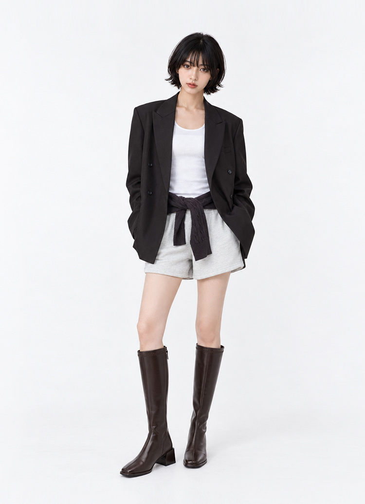 GraceGift平價女鞋 完美比例質感剪裁方頭低跟長筒靴 咖