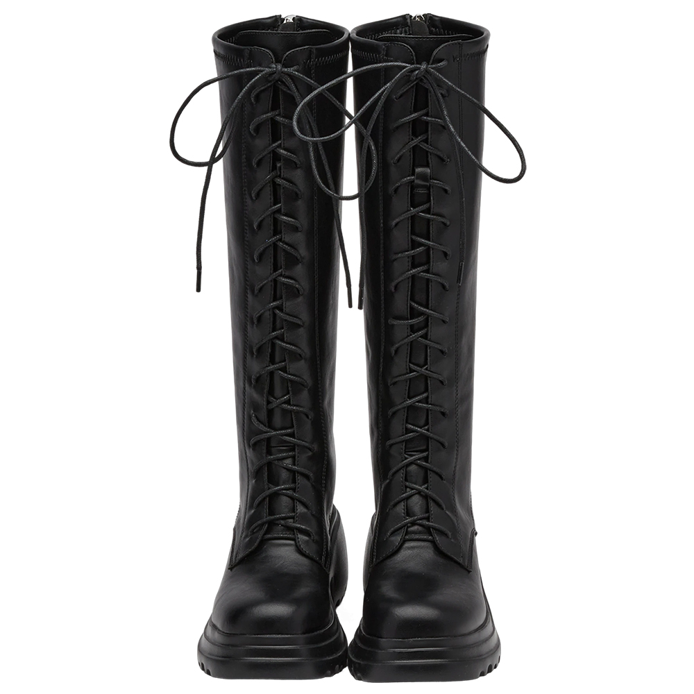 韓團必備圓頭輕量厚底綁帶長靴 黑