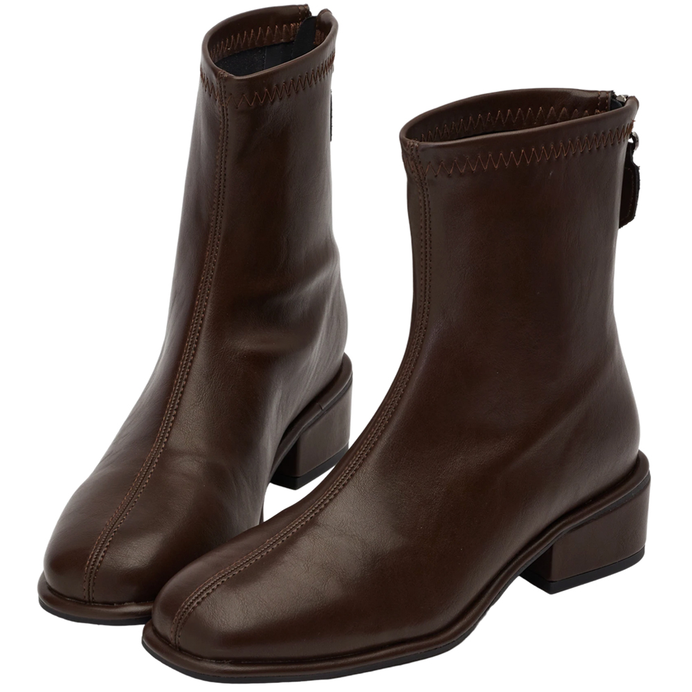 GraceGift短靴咖色素面方頭低跟後拉鍊設計