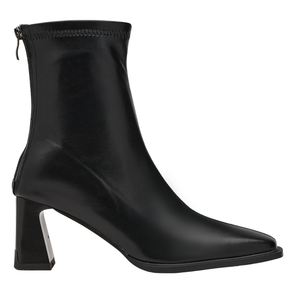 時髦歐膩方頭後拉鍊車線高跟襪靴 黑