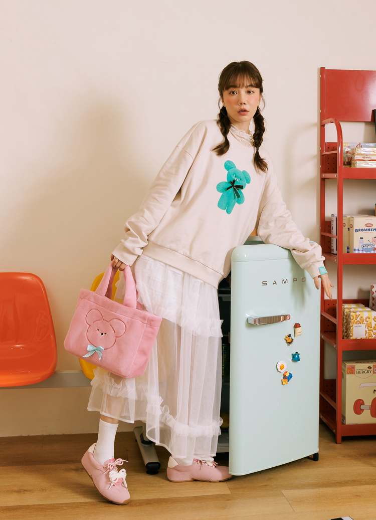 Grace Gift 平價女鞋 Wasabi Bear 聯名 粉芥末熊 格紋絨毛電繡 托特包 粉紅色 實拍圖