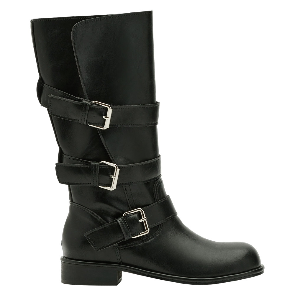 韓系街拍皮革2WAY皮帶釦騎士靴 黑