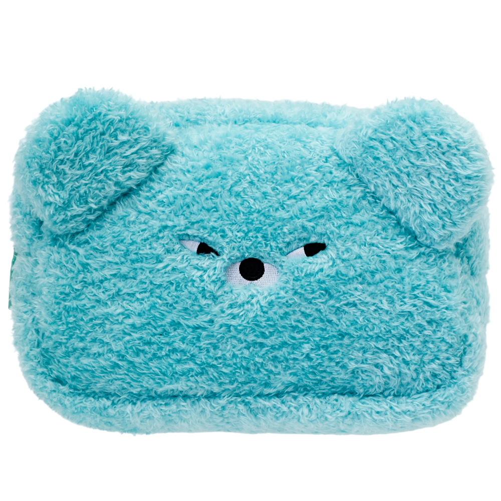 GraceGift Wasabi Bear聯名 芥末熊 格紋絨毛化妝包 藍綠色 實拍圖