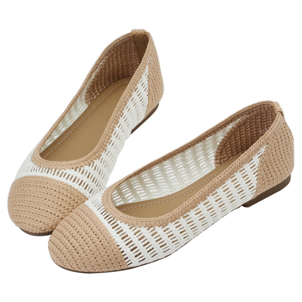 GraceGift 平價女鞋 時尚秀場 圓頭 法式輕透編織拼色平底娃娃鞋 米白色