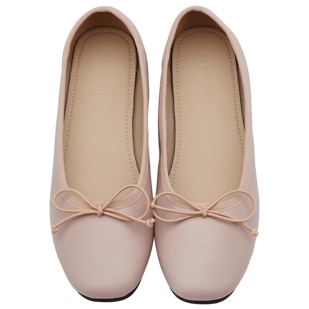 GraceGift平價女鞋 時尚秀場 方圓頭 法式經典蝴蝶結芭蕾舞平底娃娃鞋 粉色