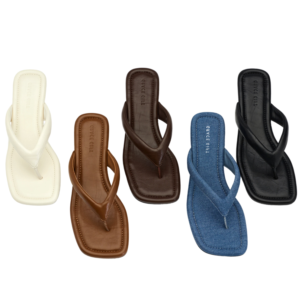 GraceGift 平價女鞋 時尚秀場 方頭 韓系慵懶人字中跟拖鞋 牛仔