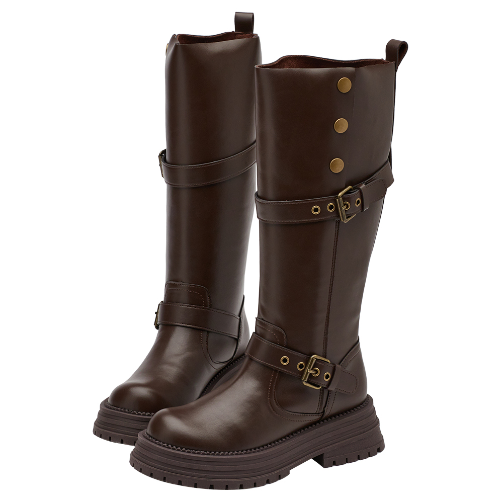 聖水街頭2WAY反折皮帶卯釘顯瘦長靴 咖