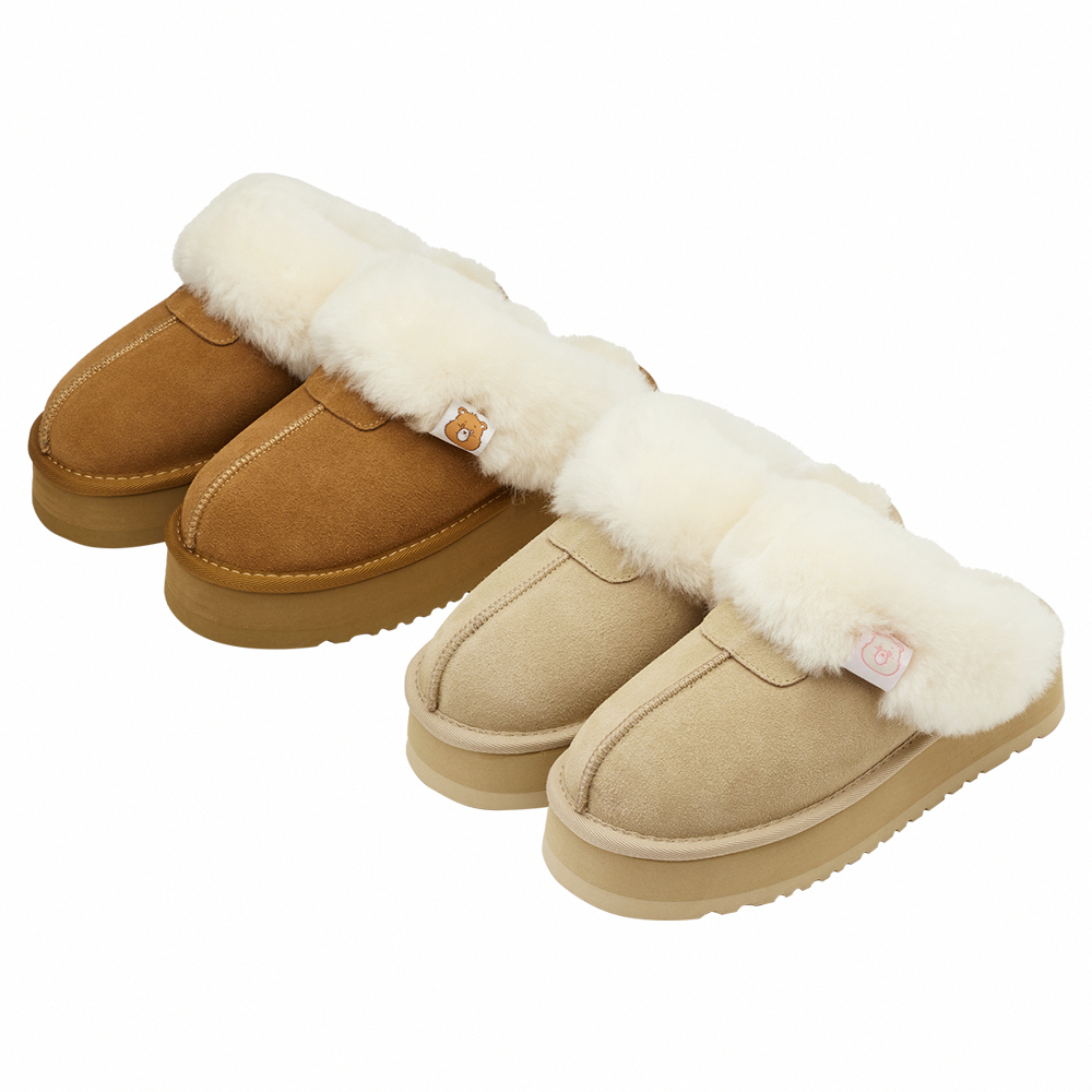 Care Bears-鑽石小熊牛麂皮羊毛厚底雪地拖鞋 杏