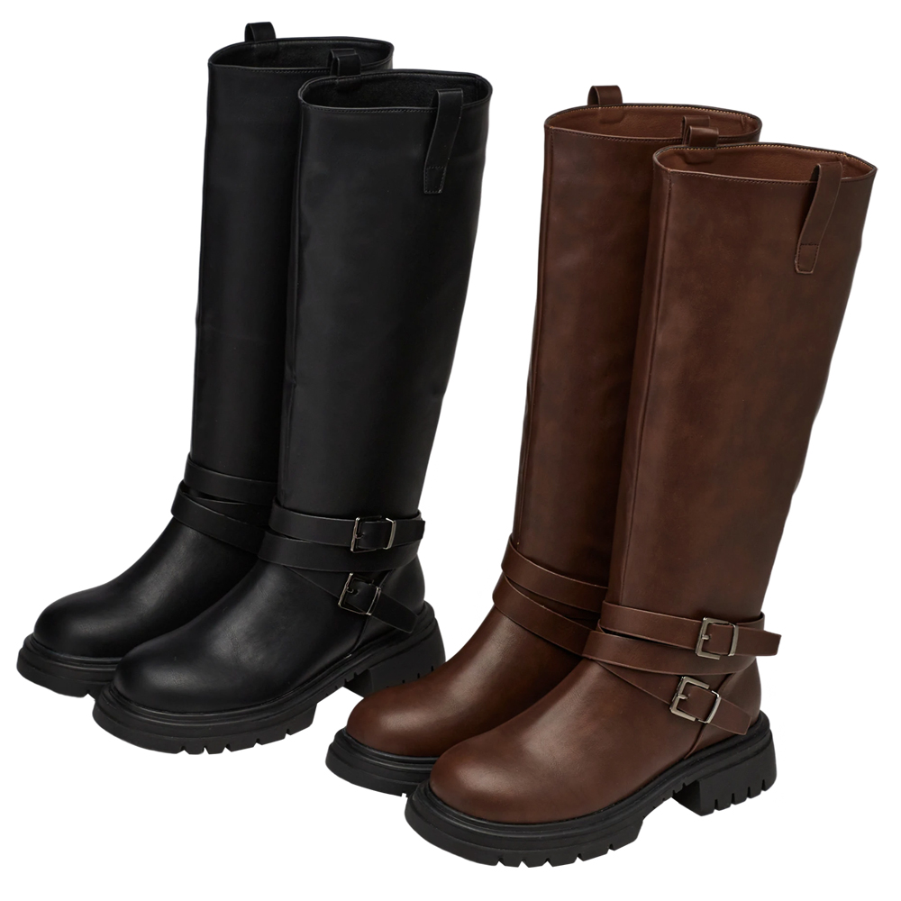 俐落圓頭側拉環繞踝皮帶厚底長靴 棕