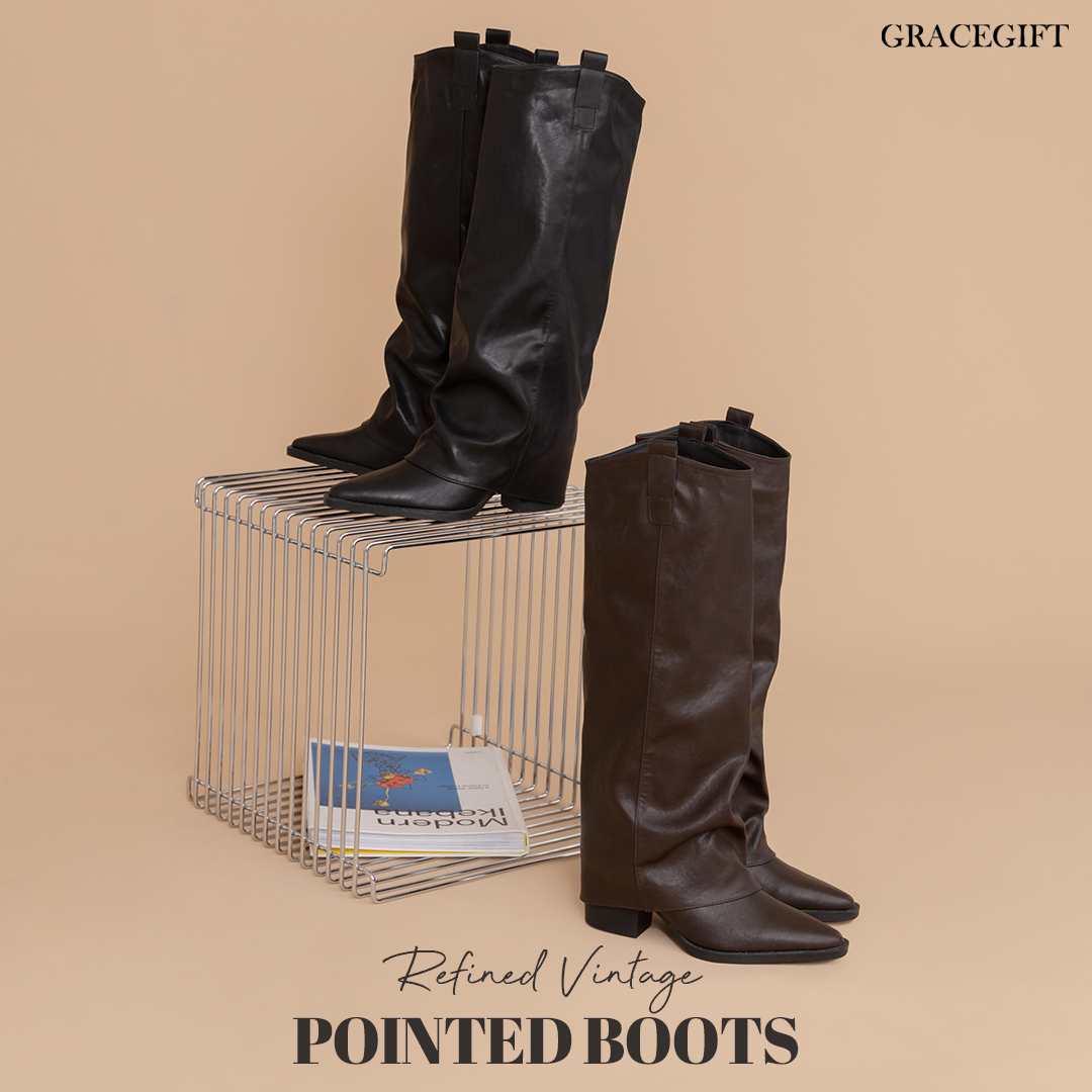 GraceGift平價女鞋 率性顯瘦皺褶低跟尖頭長靴 咖