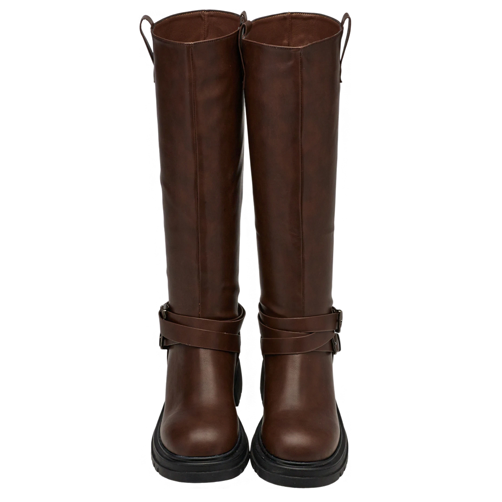 俐落圓頭側拉環繞踝皮帶厚底長靴 棕