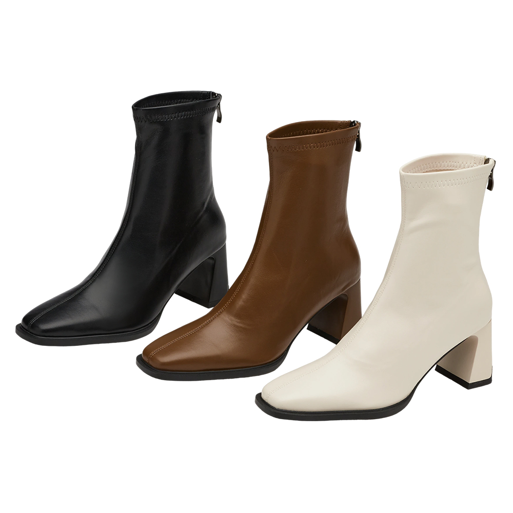 時髦歐膩方頭後拉鍊車線高跟襪靴 黑