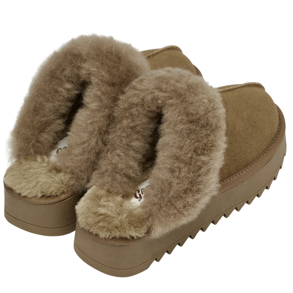 韓妞時尚牛麂皮羊毛厚底雪地拖鞋 灰