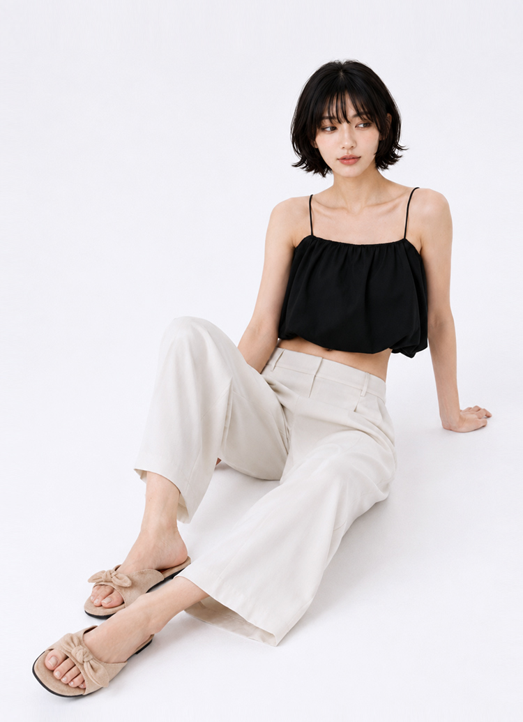 GraceGift 日雜女孩絨面蝴蝶結寬帶平底拖鞋 駝色