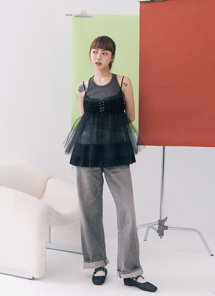 Grace Gift 李柔聯名 甜酷序曲 方頭金屬雙帶芭蕾舞瑪莉珍鞋 黑牛仔
