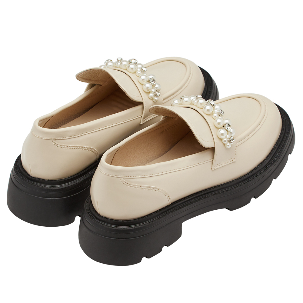 小貓聯名-奢耀珍珠水鑽輕量厚底樂福鞋 米白