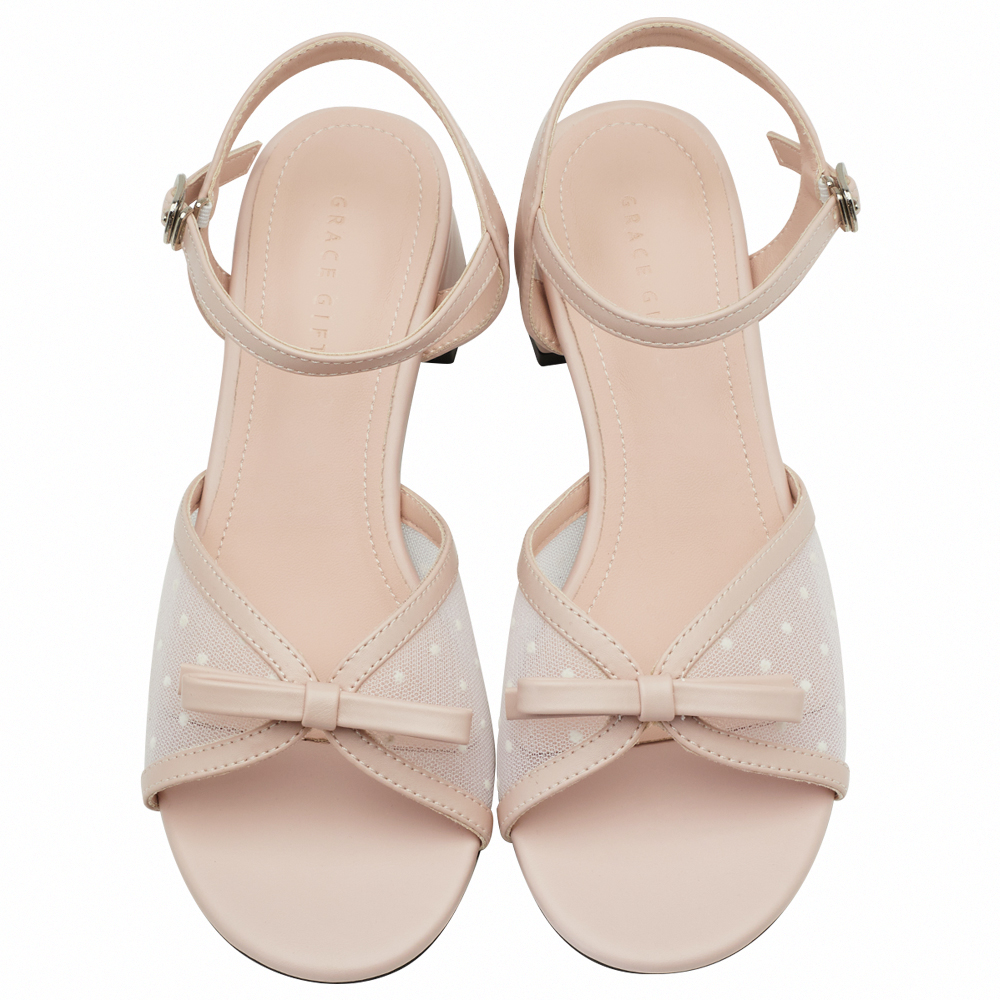 GraceGift平價女鞋 時尚秀場 圓頭 清透波點芭蕾蝴蝶結中跟涼鞋 粉色