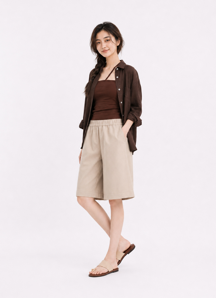 GraceGift平價女鞋 簡約質感合成皮革金屬釦方頭夾腳拖鞋 卡其色