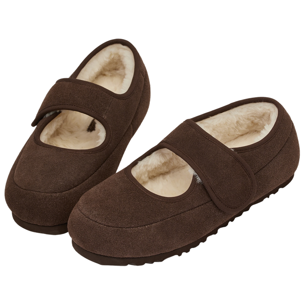 輕甜冬日真皮毛毛輕量瑪莉珍平底鞋 咖